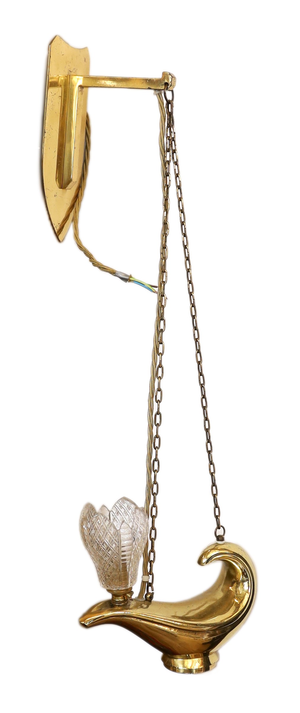 A 1930s English brass genie lamp with Osler cut glass shade and wall bracket, drop 53cm